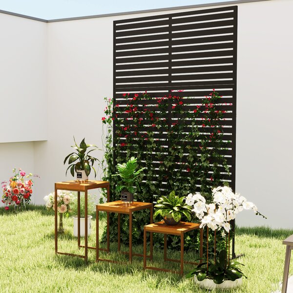 Outsunny Decorative Privacy Fence Screen, Metal Outdoor Privacy Screen Climbing Plant Trellis with Stand, 122 x 198 cm, Black