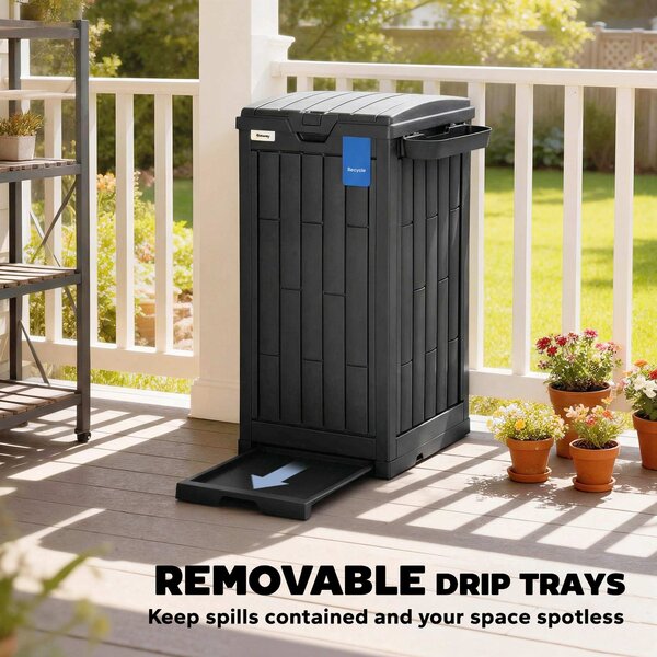 Outsunny 110 L Outdoor Bin with Dual Lid, Waterproof Plastic Trash Bin with Ashtray and Drip Tray, Garden Waste Trash Bin, Black