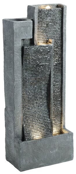 Outsunny Water Feature with LED Lights and Planter, 3-Tier Garden Water Fountain with Pump, Resin Waterfall Feature, Dark Grey