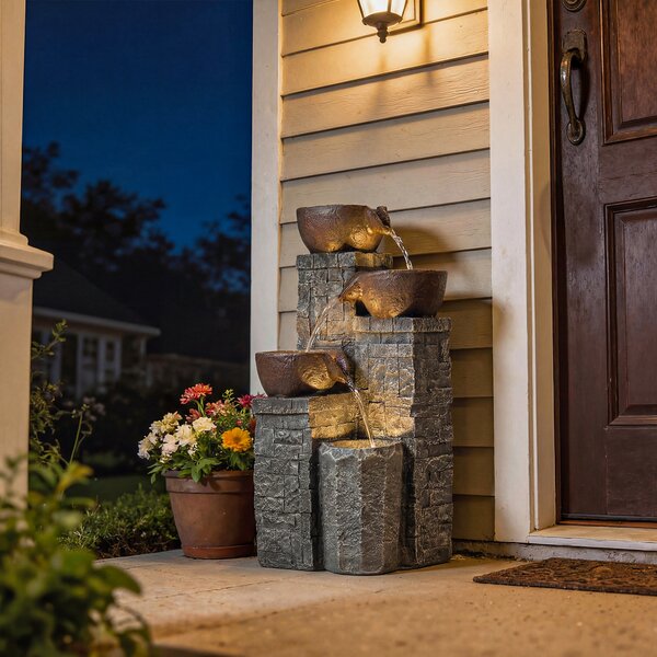 Outsunny 4-Tier Outdoor Fountain, Cascading Waterfall, Garden Fountain with LED Lights, Adjustable Flow, Grey and Rustic Brown