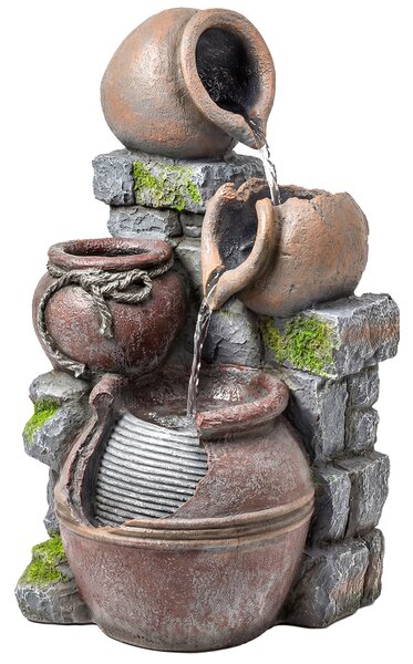 Outsunny Outdoor Fountain with 4-Tier Rustic Pots & Planter, Garden Fountain with LED Lights, Rustic Brown