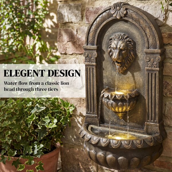 Outsunny Wall-Mounted Water Fountain, 3-Tier Cascading Waterfall with LED Lights and Adjustable Flow for Patio, Rustic Brown