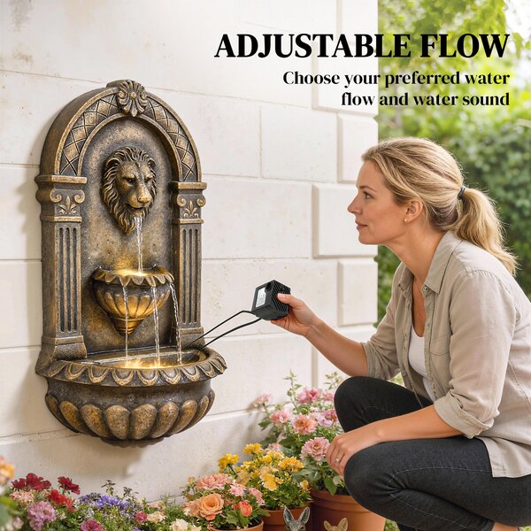 Outsunny Wall-Mounted Water Fountain, 3-Tier Cascading Waterfall with LED Lights and Adjustable Flow for Patio, Rustic Brown