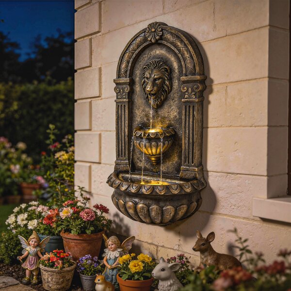 Outsunny Wall-Mounted Water Fountain, 3-Tier Cascading Waterfall with LED Lights and Adjustable Flow for Patio, Rustic Brown