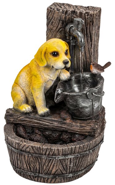 Outsunny Garden Water Feature with 3-Tier Rustic Puppy Design, Freestanding Resin with LED Lights, Adjustable Flow, Rustic Brown