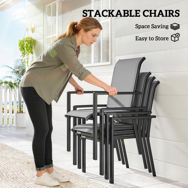 Outsunny 5 Pieces Outdoor Dining Set for 4, Garden Table and Stackable Chairs with Breathable Mesh Seat and Parasol Hole, Grey