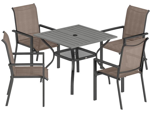 Outsunny 5 Pieces Outdoor Dining Set for 4, Garden Table and Stackable Chairs with Breathable Mesh Seat, Grey and Khaki