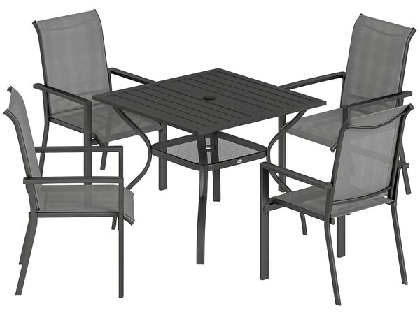 Outsunny 5 Pieces Outdoor Dining Set for 4, Garden Table and Stackable Chairs with Breathable Mesh Seat and Parasol Hole, Grey