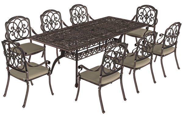 Outsunny 9 Piece Cast Aluminium Garden Dining Set, Garden Table and Chairs Set with Cushions, Parasol Hole for Patio, Bronze Tone