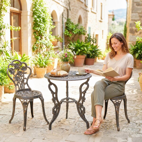 Outsunny Outdoor Bistro Set Vintage Rose Design Patio Furniture Set with Round Table and 2 Chairs Metallic Finish