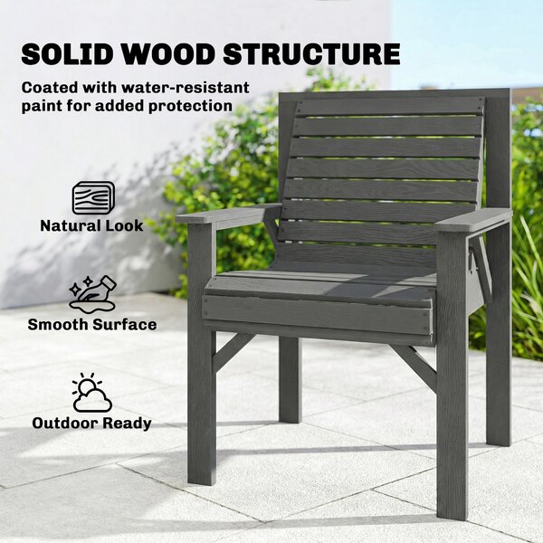 Outsunny Wooden Garden Dining Chair, Outdoor Chair Garden Armchair with Curved Seat and Wide Armrests, Grey Embossed Finish
