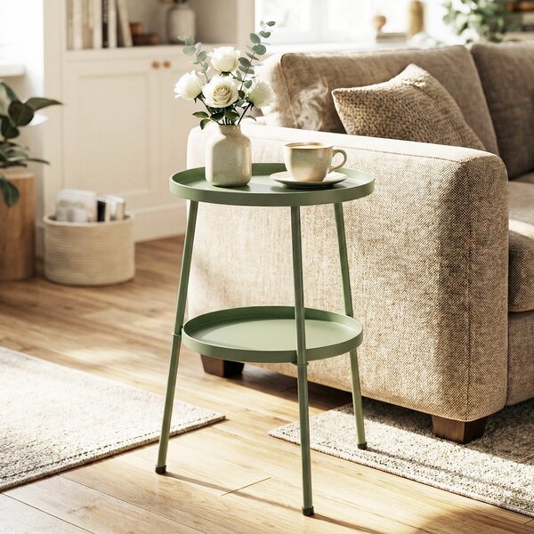 Outsunny Patio Side Table, 2-Tier Round Coffee End Table for Garden Balcony Living Room Bedroom, Light Green