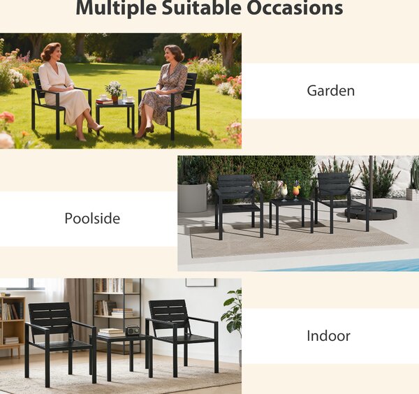 Outsunny 3 Pieces Garden Bistro Set for 2, Outdoor Bistro Table and Chairs with Metal Frame, Plastic Patio Furniture Set