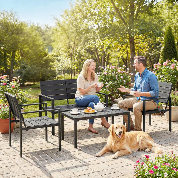Outsunny 4 Piece Garden Furniture Set, Outdoor Sofa Set with HDPE Slatted Loveseat Armchairs Coffee Table Metal Frame, Black