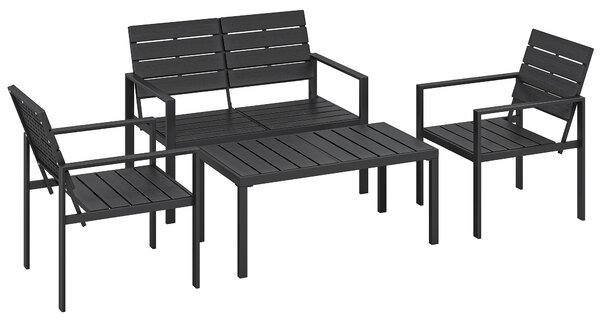 Outsunny 4 Piece Garden Furniture Set, Outdoor Sofa Set with HDPE Slatted Loveseat Armchairs Coffee Table Metal Frame, Black