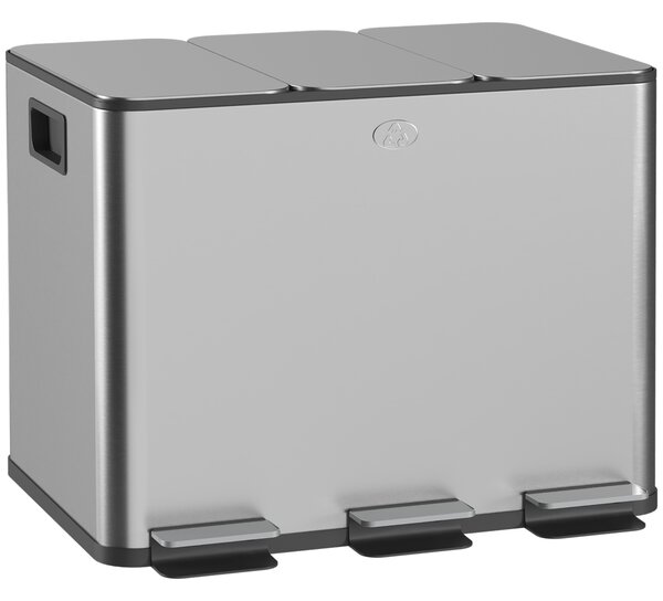 HOMCOM 3 x 20L Pedal Bin, Steel Triple Kitchen Bin with Soft Close Lid, Removable Inner Buckets, Fingerprint-Proof, Silver Tone