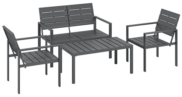 Outsunny 4 Piece Garden Furniture Set, Outdoor Sofa Set with HDPE Slatted Loveseat Armchairs Coffee Table Metal Frame, Dark Grey
