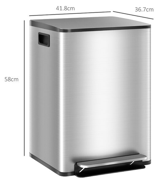 HOMCOM 40L Dual Compartment Stainless Steel Bin, with Deodoriser Holders - Silver Tone