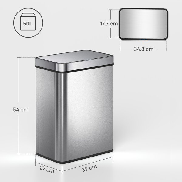 HOMCOM 50 L Sensor Can, Sensor Bin with Soft-Close Lid, Fingerprint-Proof Stainless Steel, Silver Tone