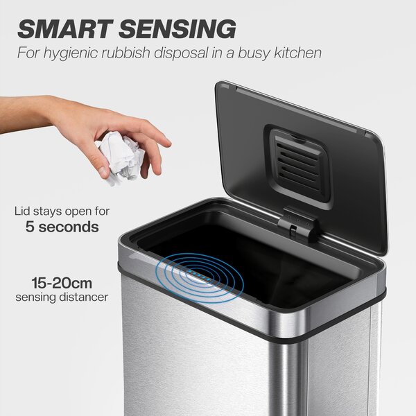 HOMCOM 50 L Sensor Can, Sensor Bin with Soft-Close Lid, Fingerprint-Proof Stainless Steel, Silver Tone