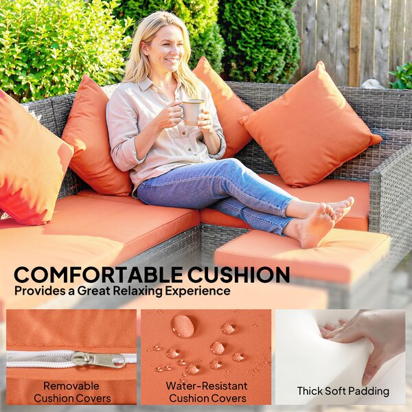 Outsunny 6-Seater Rattan Dining Set Sofa Table Footstool Outdoor w/ Cushion Garden Furniture, Orange