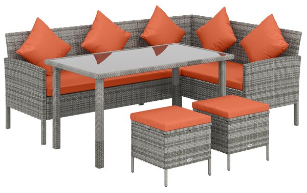 Outsunny 6-Seater Rattan Dining Set Sofa Table Footstool Outdoor w/ Cushion Garden Furniture, Orange