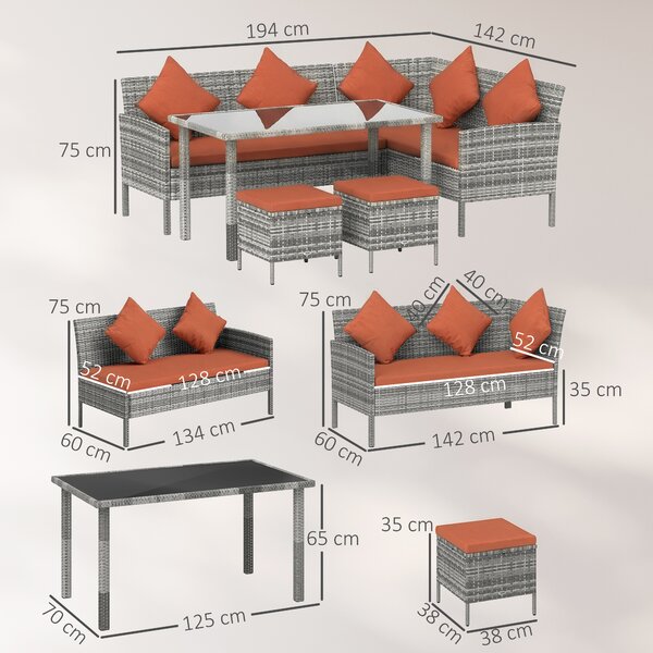 Outsunny 6-Seater Rattan Dining Set Sofa Table Footstool Outdoor w/ Cushion Garden Furniture, Orange