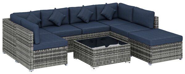 Outsunny 8 Pieces PE Rattan Corner Sofa Set, Outdoor Garden Furniture Set, Patio Wicker Sofa Seater w/ Cushion, Dark Blue