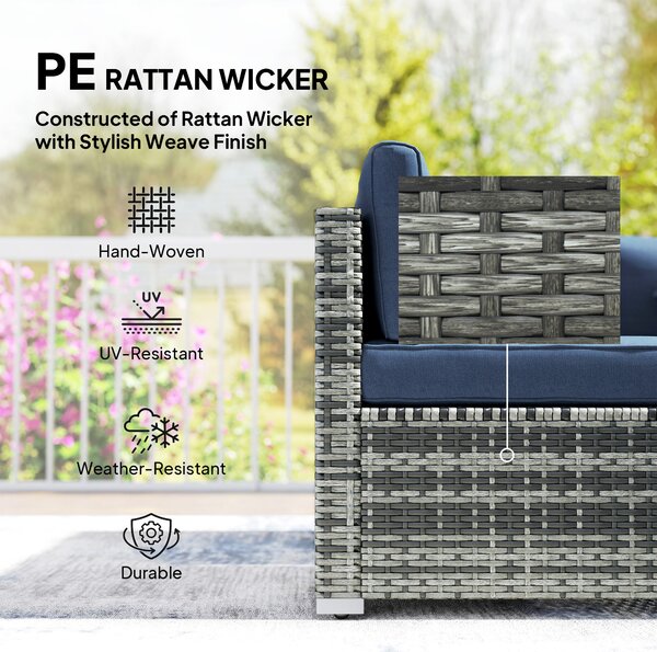 Outsunny 8 Pieces PE Rattan Corner Sofa Set, Outdoor Garden Furniture Set, Patio Wicker Sofa Seater w/ Cushion, Dark Blue