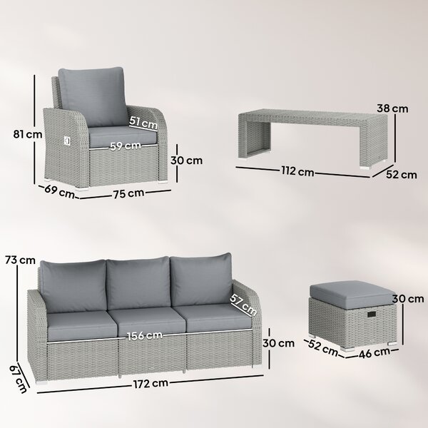 Outsunny Six-piece Rattan Garden Furniture Set with Reclining Armchairs - Dark Grey