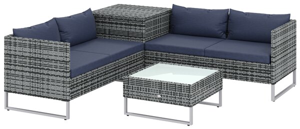 Outsunny 4 Piece Rattan Garden Furniture Set, Outdoor Corner Sofa Set with Storage Table, Loveseats, Cushions - Dark Blue