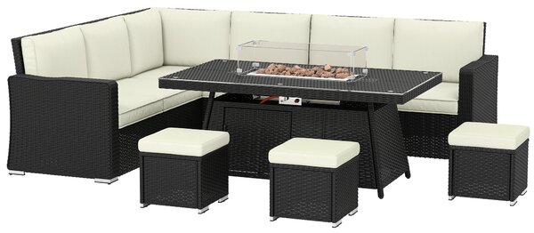 Outsunny 7 Pieces PE Rattan Garden Furniture Set, 50,000 BTU Gas Fire Pit Table, Double Corner Sofa and 3 Footstools