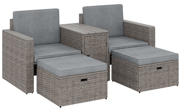 Outsunny 5 Piece Rattan Garden Furniture Set with Storage Table, Footstools, Cushions, Dark Grey