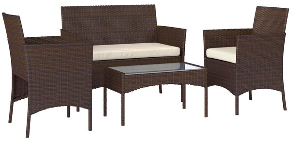 Outsunny 4 Piece Rattan Garden Furniture Sofa Set with Loveseat, Armchairs, Glass-Top Coffee Table and Cushions, Brown