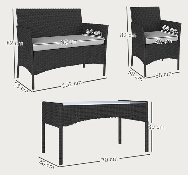 Outsunny 4 Piece Rattan Garden Furniture Sofa Set with Loveseat, Armchairs, Glass-Top Coffee Table and Cushions, Black