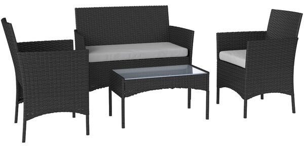 Outsunny 4 Piece Rattan Garden Furniture Sofa Set with Loveseat, Armchairs, Glass-Top Coffee Table and Cushions, Black