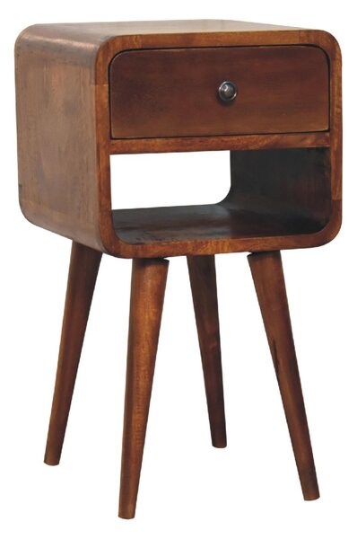 100 % Solid Wood Mini Bedside Table with Drawer and Curved Open Shelf, Handcrafted Desk for Compact Storage, 30L x 30W x 55H cm, Brown Aosom UK