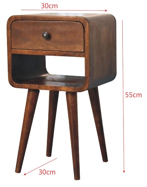 100 % Solid Wood Mini Bedside Table with Drawer and Curved Open Shelf, Handcrafted Desk for Compact Storage, 30L x 30W x 55H cm, Brown Aosom UK