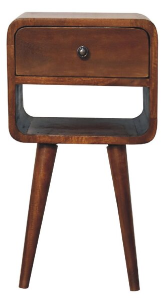 100 % Solid Wood Mini Bedside Table with Drawer and Curved Open Shelf, Handcrafted Desk for Compact Storage, 30L x 30W x 55H cm, Brown Aosom UK