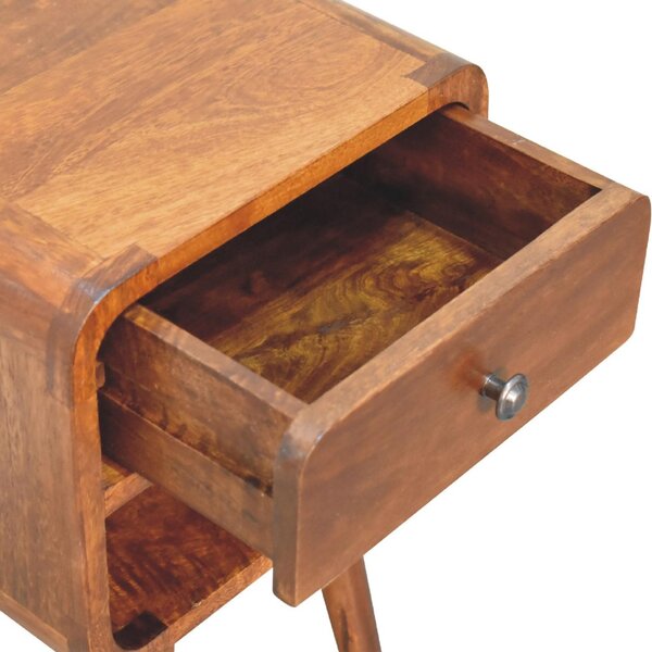 100 % Solid Wood Mini Bedside Table with Drawer and Curved Open Shelf, Handcrafted Desk for Compact Storage, 30L x 30W x 55H cm, Brown Aosom UK