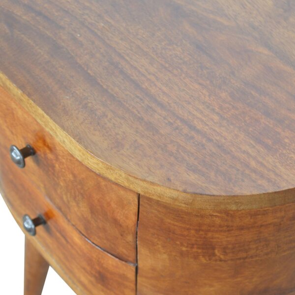 Solid Mango Wood Rounded Bedside Table with Stain Finish, Handcrafted Desk with 2 Smooth-Gliding Drawers, 35L x 45W x 54H cm, Brown Aosom UK