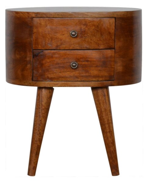 Solid Mango Wood Rounded Bedside Table with Stain Finish, Handcrafted Desk with 2 Smooth-Gliding Drawers, 35L x 45W x 54H cm, Brown Aosom UK