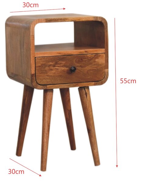 100% Solid Mango Wood Mini Bedside Table with Unique Grain, Handcrafted Desk with Drawer and Open Shelf, 30L x 30W x 55H cm, Brown Aosom UK