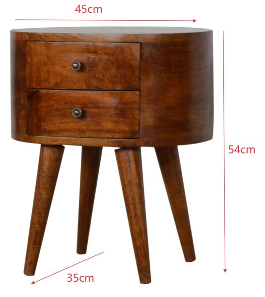 Solid Mango Wood Rounded Bedside Table with Stain Finish, Handcrafted Desk with 2 Smooth-Gliding Drawers, 35L x 45W x 54H cm, Brown Aosom UK