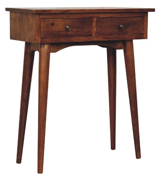 Solid Mango Wood Mini Hallway Console Table with 2 Drawers, Scandi Legs, Handcrafted Desk with Circular Design, 30L x 70W x 78H cm, Brown Aosom UK