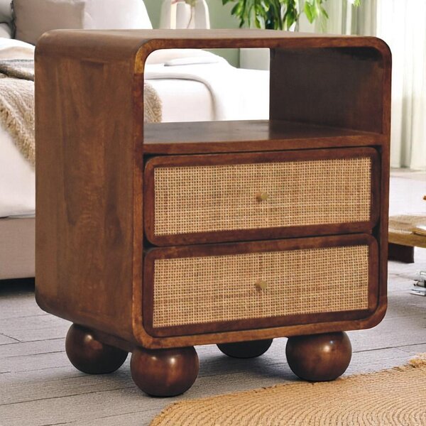 Solid Mango Wood Bedside Table with 2 Smooth-Glide Drawers and Open Shelf, Eco-Friendly Desk for Living Room, 35L x 45W x 55H cm, Brown Aosom UK