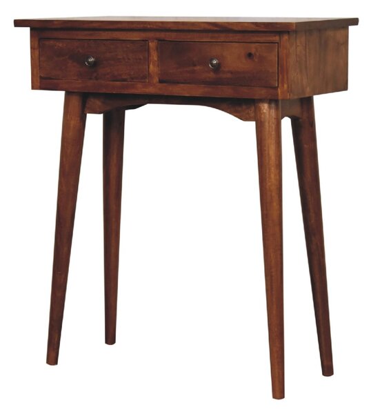 Solid Mango Wood Mini Hallway Console Table with 2 Drawers, Scandi Legs, Handcrafted Desk with Circular Design, 30L x 70W x 78H cm, Brown Aosom UK