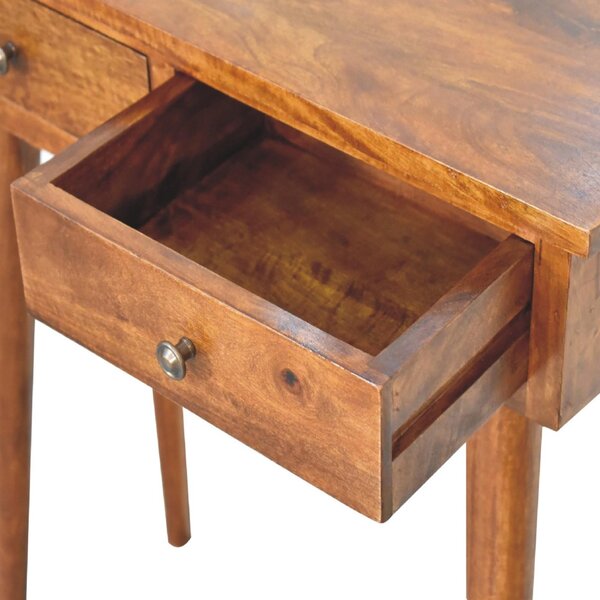 Solid Mango Wood Mini Hallway Console Table with 2 Drawers, Scandi Legs, Handcrafted Desk with Circular Design, 30L x 70W x 78H cm, Brown Aosom UK