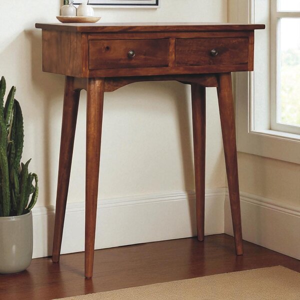 Solid Mango Wood Mini Hallway Console Table with 2 Drawers, Scandi Legs, Handcrafted Desk with Circular Design, 30L x 70W x 78H cm, Brown Aosom UK