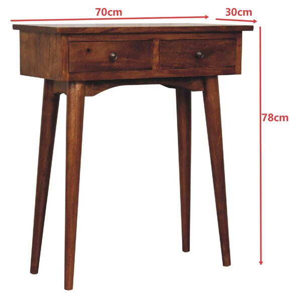 Solid Mango Wood Mini Hallway Console Table with 2 Drawers, Scandi Legs, Handcrafted Desk with Circular Design, 30L x 70W x 78H cm, Brown Aosom UK